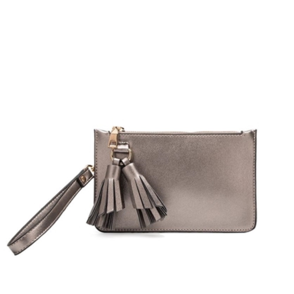 Melie Bianco Farah Vegan Leather Crossbody Wristlet In Pewter Tassel